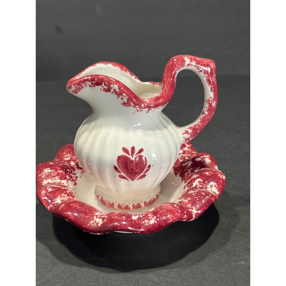 Miniature Ceramic Pitcher and Basin Set White Red Spongeware Heart Farmhouse